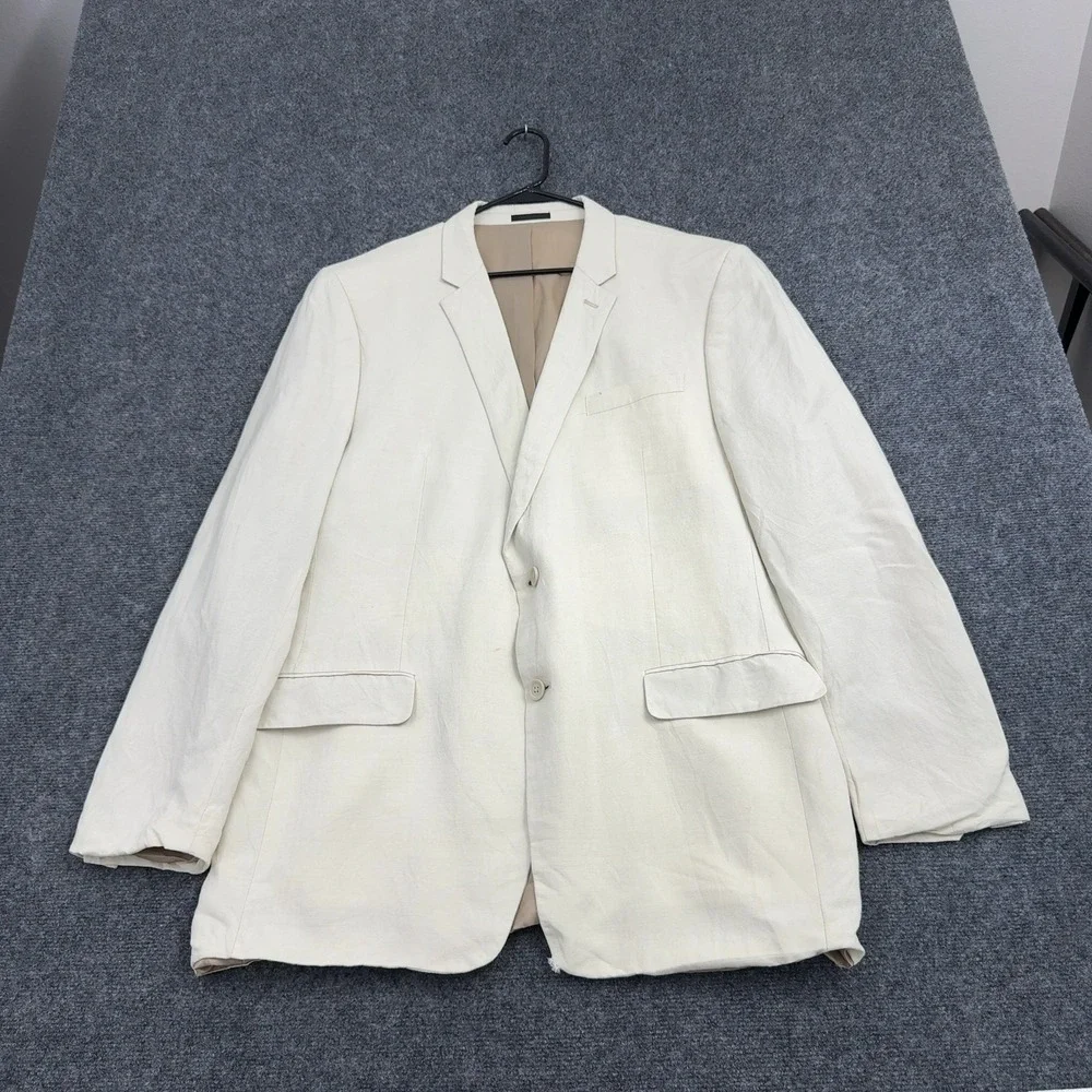 Andrew Fezza Blazer Mens 46L Cream Linen Rayon Blend Two Button Abner Classic